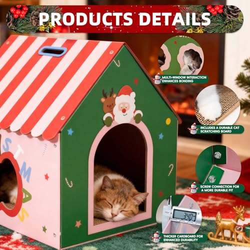 WUGO Cute Cat Scratcher House Cardboard Cat House with 2pcs Scratching Pad 16.5"x16"x17" Reversible Cute Cat House Decorations Scratcher for Kitty Play House for Indoor Cats’ Birthday Cats Red