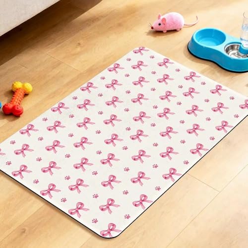 Pink Bow Dog Food Mat for Pet Cat Food Mat, Paws Absorbent Quick Dry Dog Bowl Mats for Food and Water, Non-Slip Cat Pet Feeding Mats for Floor Placemats 12"x20" - color: Pink Paw, size: 20"L x 20"W