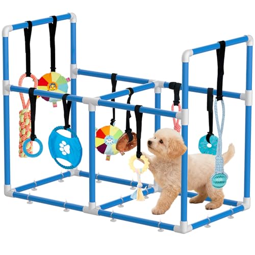 Large Puppy Play Gym & 10 Hanging Toys Indoor Play Gym Interactive Dog Toys for Boredom Enrichment Activity for Small Dog Teething PVC Frame Stretchy Rope with Velcro (Blue,35.5 x 27.5 x 18.5 inch) - color: Blue/10 toys/35.5 x 27.5 x 18.5"