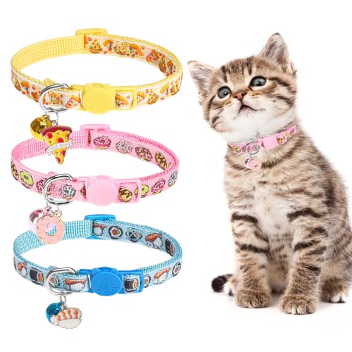 BINGPET Christmas Breakaway Cat Collar with Bell,3 Pack Cat Collars for Girl Cats, Cute Kitty Collars Accessories with Donut & Sushi & Pizzas(Yellow/Pink/Blue) - color: Food-3pcs