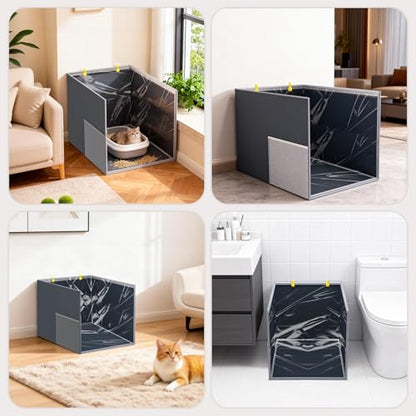 Aokeyee Cat Litter Box Enclosure Splash Guard, High Side All-Inclusive Waterproof, Gray Foldable Pet Litter Box Shield with 2 Hooks, Anti-Leakage, Dust Control, Easy to Clean - color: Gray-High