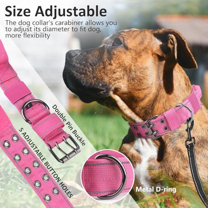 Tactical Dog Collar with Control Handle, Military Adjustable Pet Collar Reflective Heavy Metal Buckle Dog Collar, Soft Nylon Training Collar for Medium Large Dogs (Rose Red, Large) - color: Rose Red, size: Large