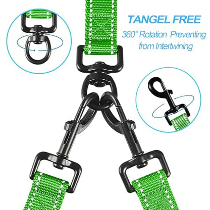 Double Dog Leash, No Tangle Dual Leash, Reflective Walking Training Lead, 4 Comfortable Padded Handles for 2 Dogs with Collapsible Bowl and Waste Bags (Grass Green, Large) - color: Grass Green