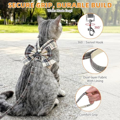 KOOLTAIL Cute Cat Harness and Leash Set with Bowtie, Small Dog Vest Harnesses, Step in No Pull Soft Mesh Padded Adjustable Plaid Pet Harness for Extra-Samll Medium Puppy Kitten, Boy Girl, Beige XS - color: Beige, size: XS (Chest Girth: 11.5"-12.8")