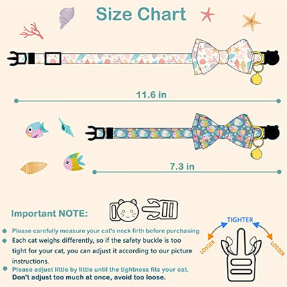 Faygarsle 2 Pack Cotton Designer Breakaway Cats Collar with Bow Tie and Bell Marine Theme Cat Collars for Girl Female Boy Male Cat Collar with Bell Fish Collars for Cats Collar Shell Pattern - color: Fish&Shell