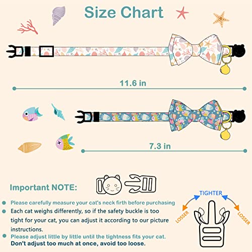 Faygarsle 2 Pack Cotton Designer Breakaway Cats Collar with Bow Tie and Bell Marine Theme Cat Collars for Girl Female Boy Male Cat Collar with Bell Fish Collars for Cats Collar Shell Pattern - color: Fish&Shell