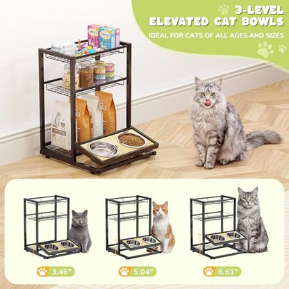 Cat Feeding Station with Elevated Cat Bowl Stand, 3-Tier Cat Food Organizer & Storage, Pet Feeding Station with Cat Table, Cat Food Stand for Large Medium Cats, 3 Height Adjustable, Black