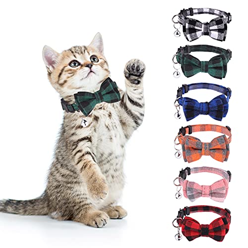 DragonflyDreams 6 PCS Cat Collars with Bow Tie and Bell,Cat Collars Plaid,Breakaway Adjustable Cat Bow Tie Collars,Cute Bow Tie Suitable for Kittens Or Certain Puppies - color: Red, Green, Blue, Pink, Black, White, Orange