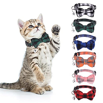 DragonflyDreams 6 PCS Cat Collars with Bow Tie and Bell,Cat Collars Plaid,Breakaway Adjustable Cat Bow Tie Collars,Cute Bow Tie Suitable for Kittens Or Certain Puppies - color: Red, Green, Blue, Pink, Black, White, Orange