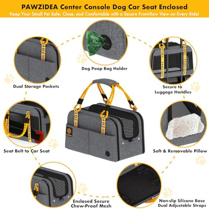 PAWZIDEA Center Console Dog Car Seat, Enclosed Small Dog Armrest Booster Carseat, Secure Straps &Anti Slip, Portable TSA Approved Puppy Pet Carrier Soft-Sided, Removable Pillow Storage Pocket, up 12lb - color: Mid-Hemp Grey