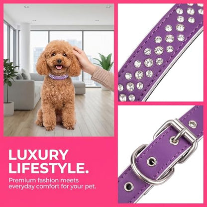 Rhinestones Dog Collar, Adjustable Sparkly Crystal Studded Genuine Leather Pet Dog Collar for Small and Medium Dogs (L, Pink) - color: Pink, size: L