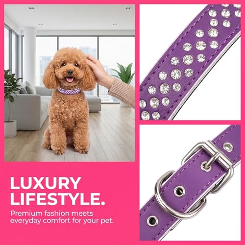 Rhinestones Dog Collar, Adjustable Sparkly Crystal Studded Genuine Leather Pet Dog Collar for Small and Medium Dogs (M, Hot Pink) - color: Hot Pink, size: M