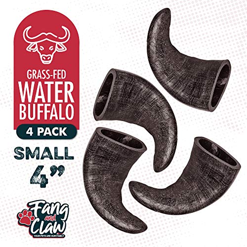 Water Buffalo Horn Dog Chew 4 Pack - Small 4" - All Natural Free Range Grass Fed Single Source Protein - No Chemicals, Additives, Hormones - Long Lasting, Good for Aggressive Chewers – by Fang & Claw - style: 4 Horns - Small 4"