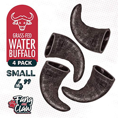 Water Buffalo Horn Dog Chew 4 Pack - Small 4" - All Natural Free Range Grass Fed Single Source Protein - No Chemicals, Additives, Hormones - Long Lasting, Good for Aggressive Chewers – by Fang & Claw - style: 4 Horns - Small 4"