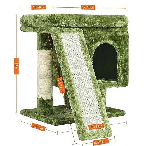 YANDLVY Small Cat Tower for Cats, Cute Cat Tree for Indoor Cats, Kittens Condo with Scratching Post and Board, Cat Cave, Modern Cat Activity House with Plush Perch (Green) - color: Green
