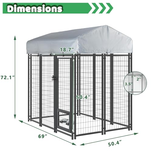 LEMBERI 6x4x6 FT Outdoor Dog Kennel for Large Dogs, Heavy Duty Welded Wire Steel Dog Playpen Fence with Secure Lock, Pet Pen with UV-Resistant Waterproof Roof Cover for Outside - size: 69"L x 50.4"W x 72.1"H