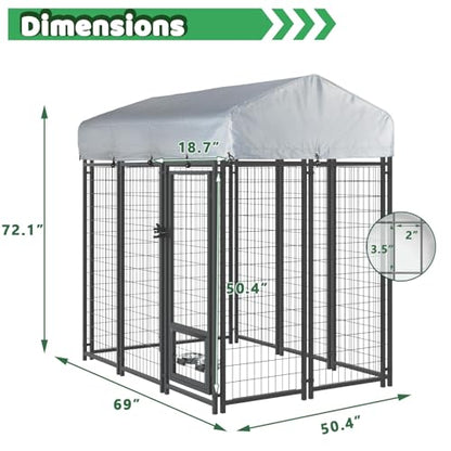 LEMBERI 6x4x6 FT Outdoor Dog Kennel for Large Dogs, Heavy Duty Welded Wire Steel Dog Playpen Fence with Secure Lock, Pet Pen with UV-Resistant Waterproof Roof Cover for Outside - size: 69"L x 50.4"W x 72.1"H