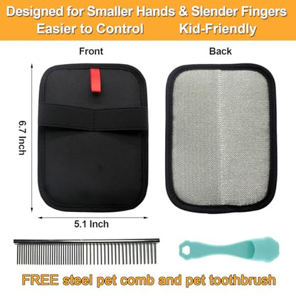 Pet Hair Removal Glove for Small Hands, 2Pcs Electrostatic Dog Cat Hair Remover Gloves for Furniture Car Seat Couch, Reusable Grooming & Shedding Tool with Free Steel Comb & Toothbrush - color: 2 Small Black