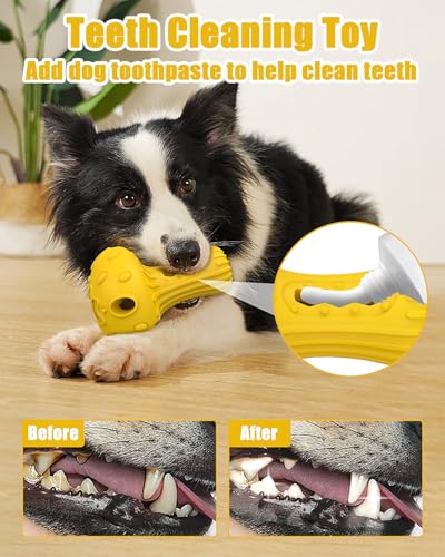 Dog Chew Toys for Aggressive Chewers, Rubber Treat Dispensing Stimulation Toy to Keep Them Busy, Durable Interactive Enrichment Puzzle Toy for Medium Large Breed Dogs - color: Yellow
