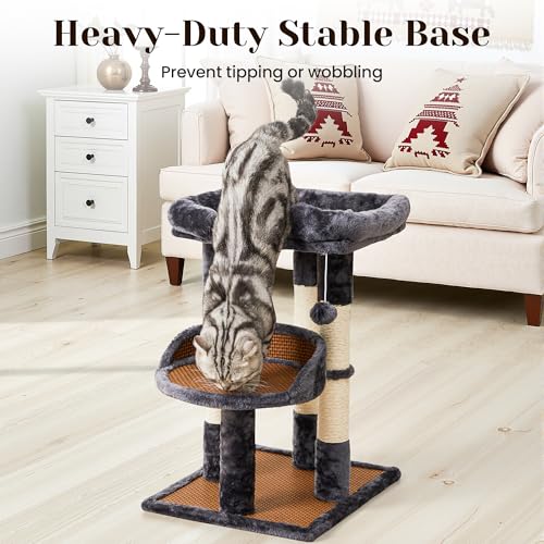 Fansafurn Multi-Level Cat Tree for Indoor Cats, Modern Cat Tower with Double Beds & Scratching Posts, 27 in Cute Cat Tree for Large Cats and Kitten, Small Cat Climbing Tower with Hanging Toys, Grey - color: Grey