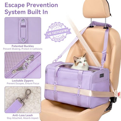 PETSFIT Soft-Sided Cat Carrier with Patented Safety Buckles, Lockable Zippers & Safety Tether,Escape-Resistant Travel Pet Carrier for Car Rides & Vet Visits, Airline Approved Under-Seat, Up to 12 lbs - color: Purple, size: Medium