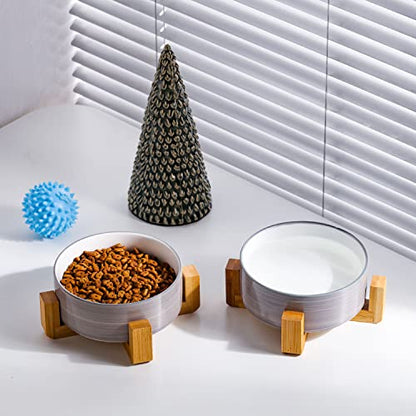 Petygooing Ceramic Cat Dog Bowl Set with Stand,Small Dog Bowls,Pet Food and Water Dish, Anti Slip Set of 2 Cat Bowls-Cute Modern Pet Food Dish Small Size (13.5OZ/5.1 in) Grey White - color: Grey White, size: Puppy/Small Size Dogs & Cat Bowls 400ML*2