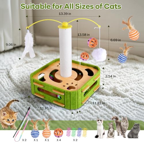 Cat Puzzle Box Toy for Indoor Cats Boredom Relief Interactive Wooden Cat Enrichment Maze with Jingle Balls, Feather Wands & Spiral Springs, Slow Feeder Treat Dispenser for Kittens & Adult Cats - size: Large