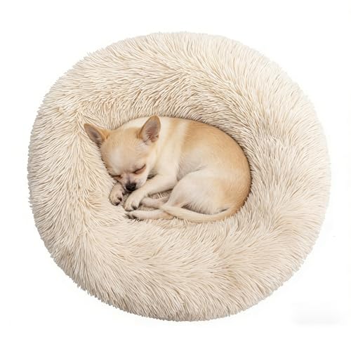 Calming Donut Dog Beds for Small Dogs Cats - Washable Removable Cover Non-Slip Bottom, Round Pet Bed Puppy Bed Warming Fluffy Faux Fur Anti-Anxiety, Fits up to 25 lbs (Beige, 23") - color: Beige, size: 23"L x 23"W x 8"Th