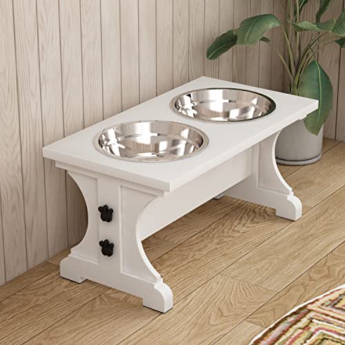 Farmhouse Dog Bowls Stand, Elevated Dog Bowl with 2 Stainless Steel Wooden Bowls, 3.5Cups 8.6" H - 30 oz White - color: White, size: 3.5 Cups 8.6"H_30 oz Bowl