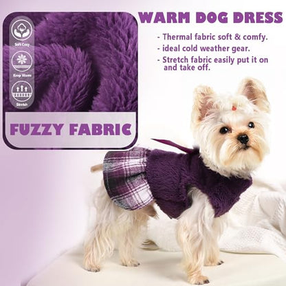 Fuzzy Dog Plaid Sweater Dress, Fall Winter Warm Female Dog Clothes for Small Dogs Girl, Pet Outfit, Cat Apparel (XSmall, Purple) - color: #1 Purple, size: X-Small (Chest 14.2 in)