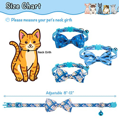 Breakaway Cat Collar with Removable Bow Tie and Bell, 3 Pack Safety Buckle Kitten Collars, Adjustable Pet Collar with Cute Multi-Style Patterns, Ideal for Boy Cats Puppy - color: Style B - Blue