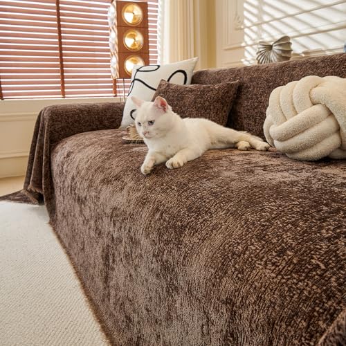 ROOMLIFE Brown Sofa Cover, Vintage Boho Couch Cover for 3 Cushion Sofa, Soft Chenille Sofa Cover for Dog, Washable Furniture Sofa Protector Cover Blanket with Tassel for Living Room, 71 '' X 150'' - color: C#brown, size: XX-Large(71''*150'')