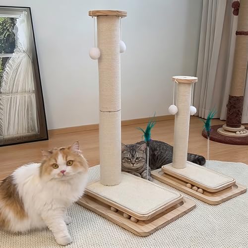 2-in-1 Cat Scratching Post and Pad, 28" Natural Sisal Cat Scratcher for Indoor Cats, Solid Wood Base with Interactive Spring Toy & Dangling Ball, Space-Saving for Indoor Adults Cats - size: 28 inches
