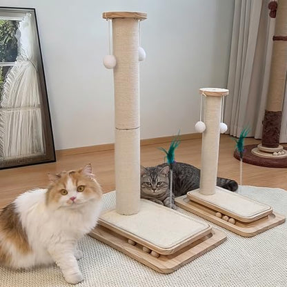 2-in-1 Cat Scratching Post and Pad, 28" Natural Sisal Cat Scratcher for Indoor Cats, Solid Wood Base with Interactive Spring Toy & Dangling Ball, Space-Saving for Indoor Adults Cats - size: 28 inches