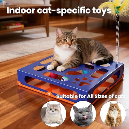 2026 New Metal Cat Scratch Puzzle Enrichment Box,cat Puzzle, 1 Spring-Loaded Colorful Feather Stick with a Bell,No Assembly Required, All Cats Indoor Play Toy - color: Klein Blue