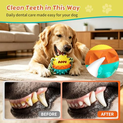 Dog Chew Toys Floating 4" Squeaky Ball for Aggressive Chewers Toothbrush Teething Cleaning Toys Outdoor Swimming Interactive Tough Toys with Treat Dispenser Ball for Medium and Large Dogs - color: Yellow & Blue