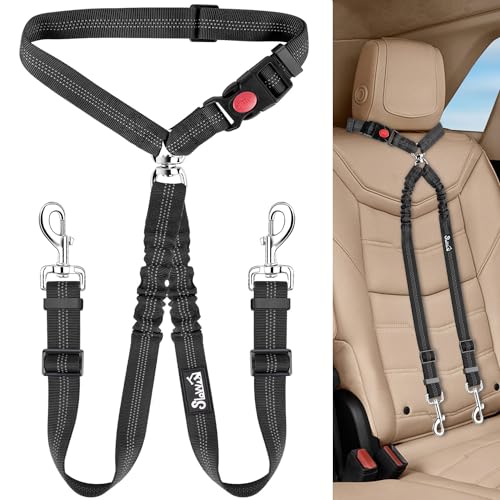 Lukovee Double Dog Seat Belt, New Dual Pet Car Headrest Restraint Safety Seatbelt No Tangle Dog Leash Duty Adjust Elastic Bungee Puppy Lead Splitter Connect Harness in Vehicle Travel for 2 Dogs,Black - color: Black