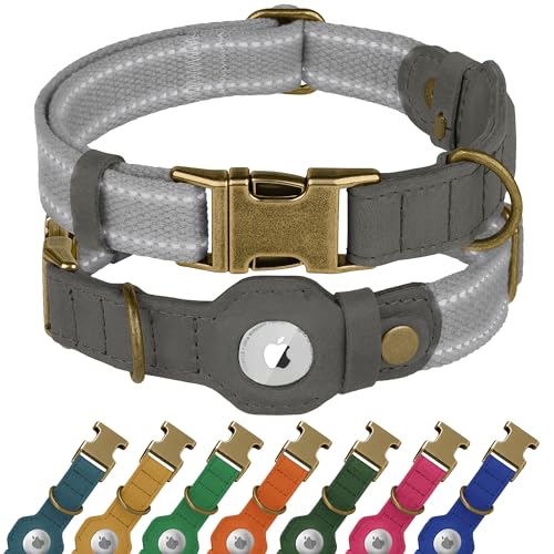 Reflective Leather Dog Collar with AirTag Holder - Soft Apple Airtag Dog Collar with Metal Buckle - Safety Cotton Pet Collars for Dogs Small Large Dogs Puppy (Grey, L, 17"-21") - color: Grey, size: L, 17"-21"