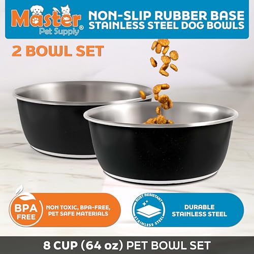 Master Pet Supply Stainless Steel Dog Bowls Set of 2 (64 Oz Each) with Non-Slip Rubber Base - Black Velvet - Basic Dog Food Bowl Water & Food Bowls for Small Medium Large Dogs & Cats, Metal Dish - color: Black Velvet, size: 8 Cups (64 oz) 2 Pack
