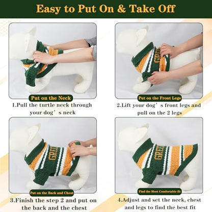 Green Bay Small Dog Sweater Football Theme Turtleneck Knit Dog Sweaters for Small Pets Warm Winter Cat Dog Clothes - color: Green&yellow, size: Small