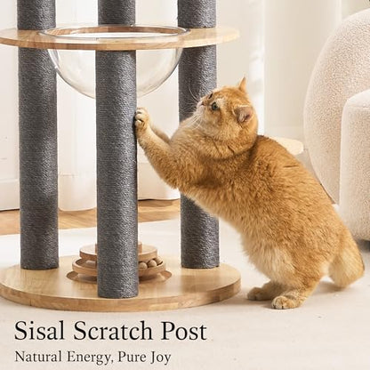 797Audio Wood Modern Cat Tree, 61.5" Cat Tower with Sisal Scratching Posts, Cat Condo, Capsule, Hamnock and Spinner Toy,Solid Wooden Aesthetic Multi-Level Cat Climbing Tree for Adult Indoor Cats-Gray - color: 62 Inch-Turntable-Gray