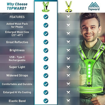 Topward LED Reflective Vest Running Gear, USB-C Rechargeable, Light Up Lights for Night Dog Walking Cycling, Running Phone Holder Vest for Runners, High Visibility with Adjustable Waist/Shoulder - color: green