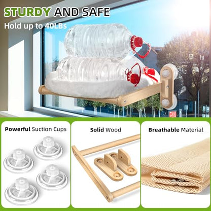 NUNU LAB Cat Window Perch, Cat Hammock for Window W/4 Strong Suction Cups, Sturdy Solid Wooden Frame and Soft Dual Purpose Cover, Beds for Indoor
