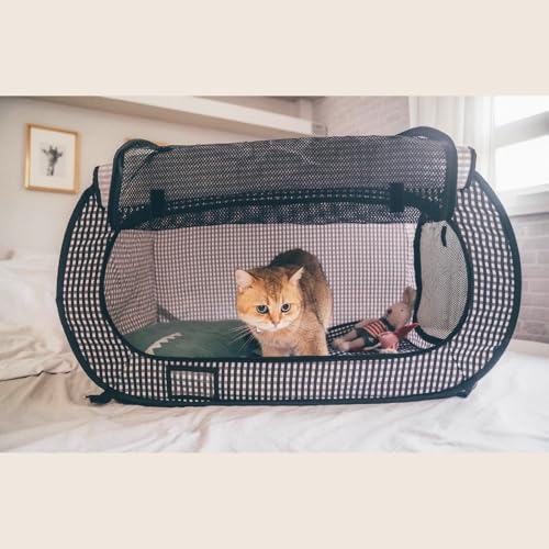 Necoichi Stress-Free Enclosure Cat Travel Carrier Cage 31.8" L x 20.0" W x 20.0" H Collapsible Gray White Stripes | Pop up Kannel, Crates - style: Cage