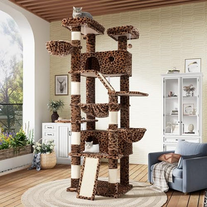 SHA CERLIN 81in Multi-Level Tall Cat Tree Tower for Indoor Kitties/Larger Cat Condo Furniture with Hammock/Cozy Pussycat Perches/Sisal Scratching Posts/Pet House/Wide Base/Leopard Print - color: Leopard Print