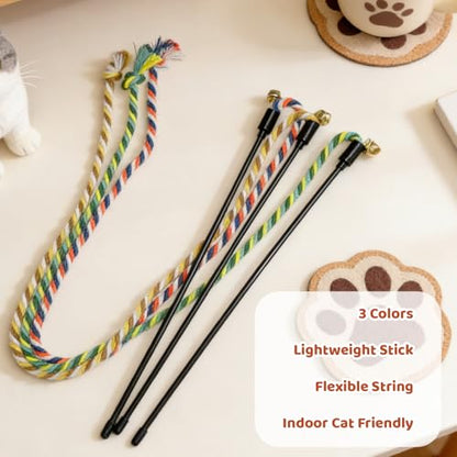 Cat Wand Toys for Indoor Cats, 3 Pack cat String Rope Toy Set, Colorful Interactive Teaser Wand with Rope Stick, Interactive Teaser Toys for Kittens and Adult Cats
