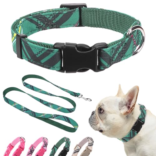 Dog Collar and Leash Set for Small Dogs, Adjustable Soft Puppy Collar with Quick Release Buckle, 5FT Heavy Duty Nylon Matching Leash for Boy Girl Chihuahua, Yorki, Bulldog, Green S - color: Green, size: Small(Neck:11.8"-16.2")