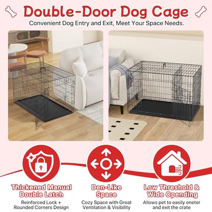 42 Inch Dog Crate Dog Cage with Double Door & Carrying Handle - Large Metal Dog Crates Dog Kennel with ABS Tray for Large Dog, Foldable & Portable Perfect for Indoor & Outdoor, Black ﻿