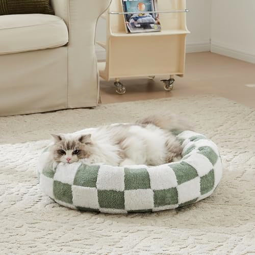 Ohocut Checkered Cat Dog Bed, Cute Sage Green Retro Style Aesthetic Round Warming Pet Calming Beds for Small Dog and Cats, Plush Cozy Donut Beds Washable, 23" L x 23" W x 8" Th - color: Green, size: 23"L x 23"W x 8"Th