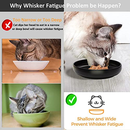 Ceramic Cat Bowls - Shallow Dishes for Food and Water, 6 Inch Matte Finish Wide Cat Food Bowl, Whisker Fatigue Free Pet Puppy Kitten Bowl Set of 3, Dishwasher Safe - color: Black-3pack